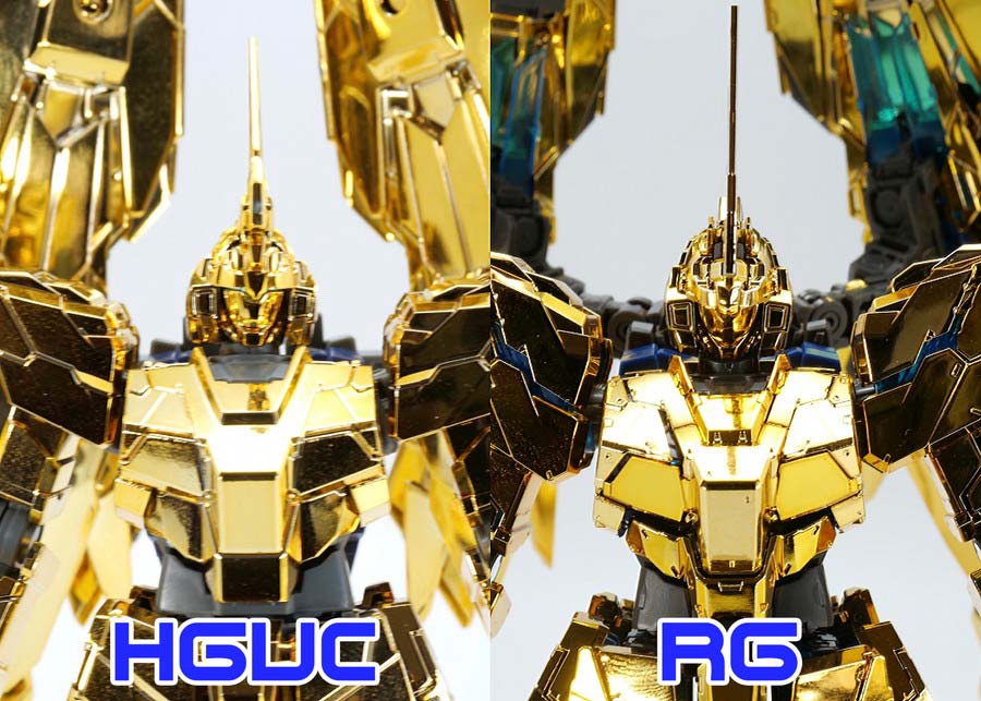 HGとRGのユニコーンガンダム３号機フェネクスのユニコーンモードの違い・比較ガンプラ画像です