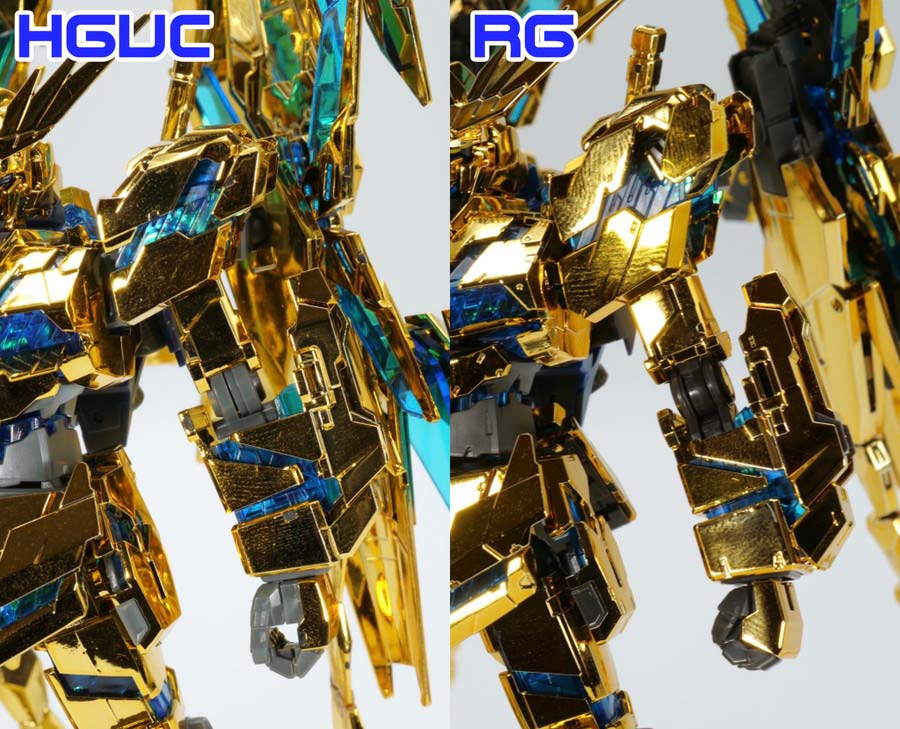 HGとRGのユニコーンガンダム３号機フェネクスのデストロイモードの違い・比較ガンプラ画像です
