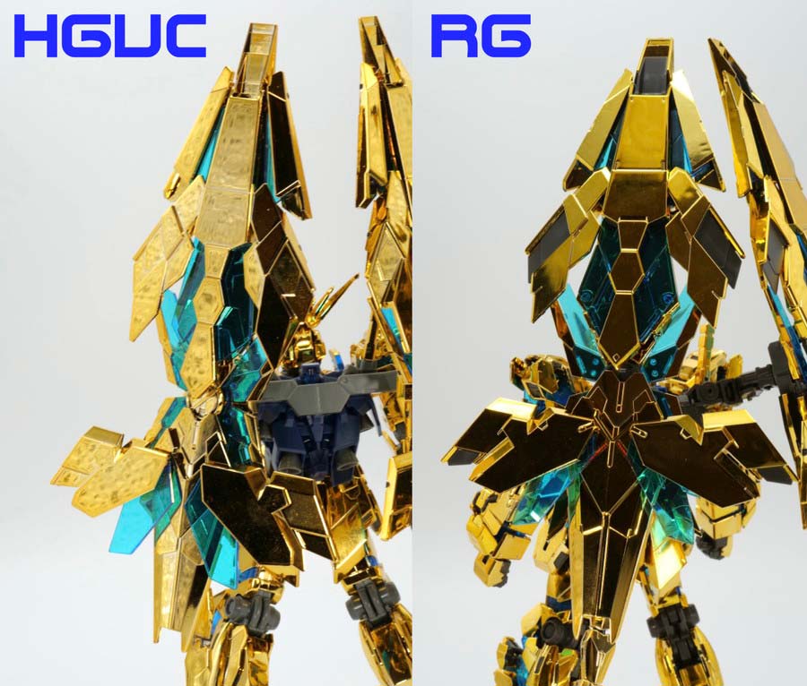 HGとRGのユニコーンガンダム３号機フェネクスのデストロイモードの違い・比較ガンプラ画像です