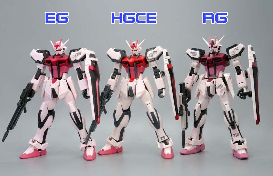 ENTRY GRADEとHGCEとRGのストライクルージュのガンプラ比較画像です