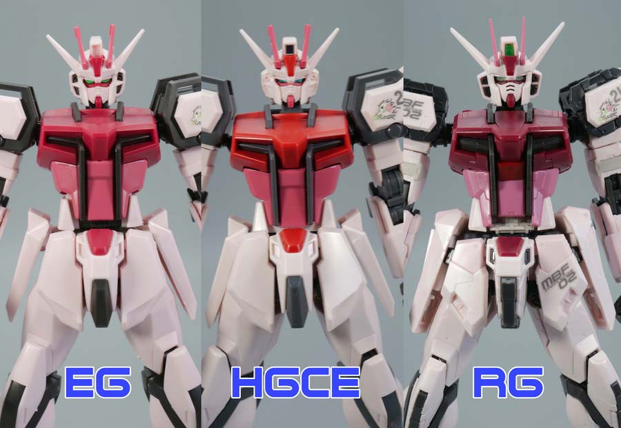 ENTRY GRADEとHGCEとRGのストライクルージュのガンプラ比較画像です