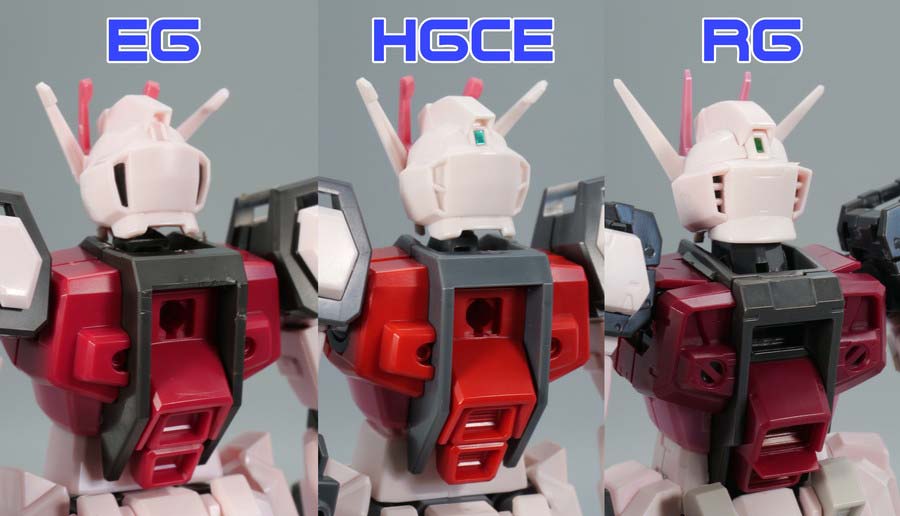 ENTRY GRADEとHGCEとRGのストライクルージュのガンプラ比較画像です