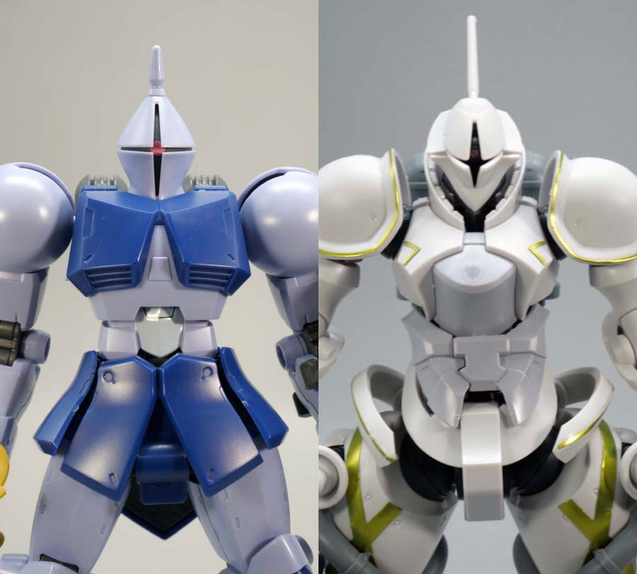 HGUCギャンとHGエグザベ専用ギャン（ハクジ装備）のガンプラ比較画像です
