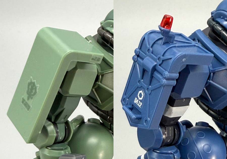 HGザク（GQ）と軍警ザクのガンプラ比較画像です