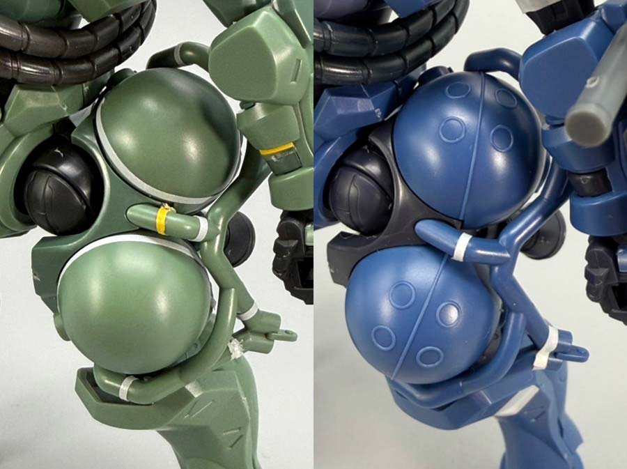 HGザク（GQ）と軍警ザクのガンプラ比較画像です